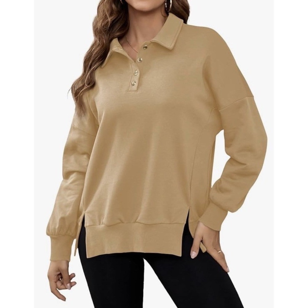 Shewin Sweatshirt Women Small Khaki New Lightweight Henley Pullover C1063